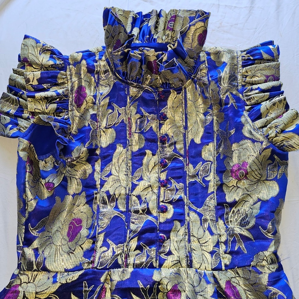 Sue Sartor Metallic Brocade Ruffle Dress Blue Gold Size M